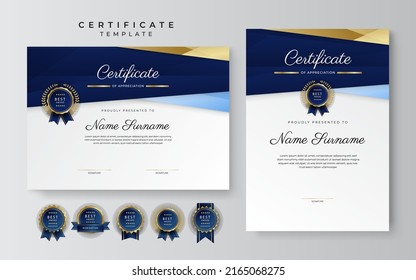 Blue gold certificate template with modern corporate design concept. Certificate of achievement for award, business recognition, diploma, online courses and much more