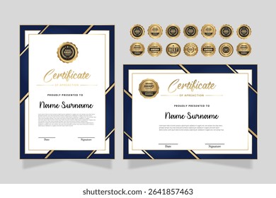 Blue gold certificate template with modern corporate design concept. Certificate of achievement for award, business recognition, diploma, online courses and much more