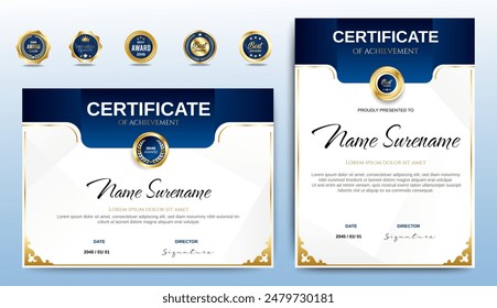 Blue and Gold certificates template design. vertical horizontal diploma certificates. vector