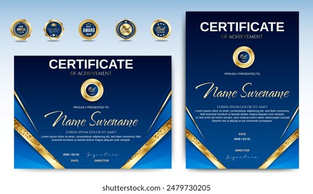 Blue and Gold certificates template design. vertical horizontal diploma certificates. vector