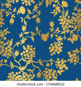 Blue and Gold Chinoiserie Plants Vector Seamless Pattern