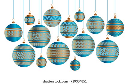 Blue and gold Christmas bauble decor stylized vector illustration. Xmas tree decoration balls with stripe, dots and snowflakes ornament 