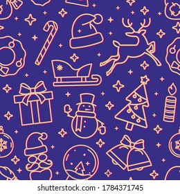 Blue and gold Christmas seamless pattern with Christmas icons. Holiday background in vector for printing or creating a design.