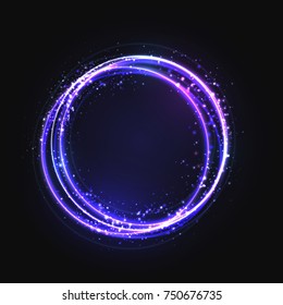 blue gold circle light effect with round glowing elements, particles and stars on dark background. Shiny glamour design elements for the Christmas, night party, birthday party with sequins, glitter
