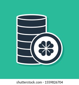 Blue Gold coin with four leaf clover icon isolated on green background. Happy Saint Patricks day.  Vector Illustration