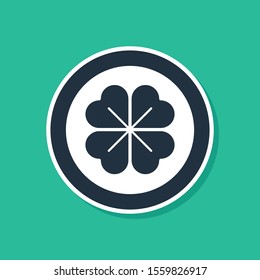 Blue Gold coin with four leaf clover icon isolated on green background. Happy Saint Patricks day.  Vector Illustration