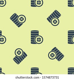 Blue Gold coin with four leaf clover icon isolated seamless pattern on yellow background. Happy Saint Patricks day.  Vector Illustration