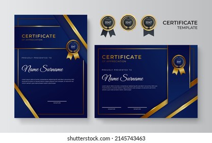 Blue gold color certificate award design template. Clean modern certificate with gold badge. Certificate border template with luxury modern line pattern. Diploma Certificate vector template set