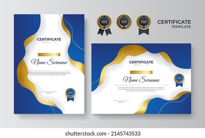 Blue gold color certificate award design template. Clean modern certificate with gold badge. Certificate border template with luxury modern wave curve pattern. Diploma Certificate vector template set