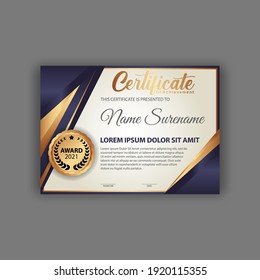 Blue And Gold Color Certificate Template Design. Certificate Of Achievement With A Gold Badge. Vector Templates