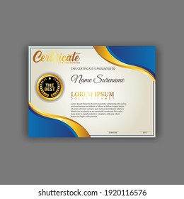 Blue and gold color certificate template design. Certificate of Achievement with a gold badge. Vector Templates