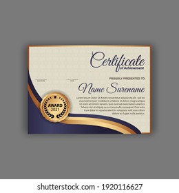 Blue and gold color certificate template design. Certificate of Achievement with a gold badge. Vector Templates