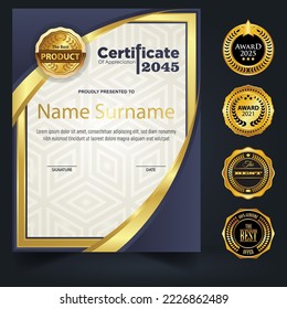 Blue and gold color certificate template design. Certificate of Achievement with a gold badge. Vector Templates