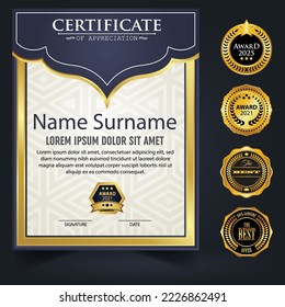 Blue and gold color certificate template design. Certificate of Achievement with a gold badge. Vector Templates
