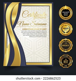 Blue and gold color certificate template design. Certificate of Achievement with a gold badge. Vector Templates