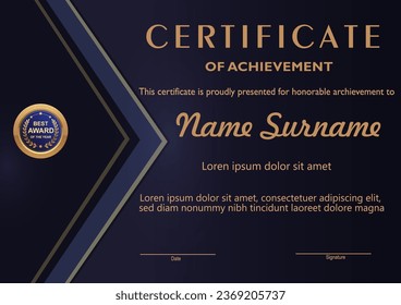 Plantilla vectorial de certificado de color azul y dorado