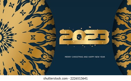 Blue and gold color. Happy new year 2023 holiday card.