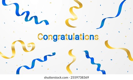 Blue And Gold Congratulations Text On White Background With Confetti, Ribbons. Celebration Wallpaper. Vector Illustration