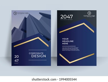 Blue and gold cover presentation templates elements on dark blue background. Vector use in presentation, flier and leaflet, corporate report, marketing, advertising, annual report, banner