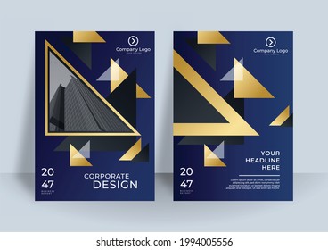 Blue and gold cover presentation templates elements on dark blue background. Vector use in presentation, flier and leaflet, corporate report, marketing, advertising, annual report, banner