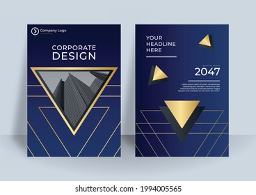 Blau-goldene Titelvorlagen auf dunkelblauem Hintergrund. Vektorgrafik, Verwendung in Aufmachung, Flyer und Merkblatt, Unternehmensbericht, Marketing, Werbung, Geschäftsbericht, Banner