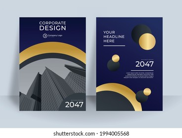 Blue and gold cover presentation templates elements on dark blue background. Vector use in presentation, flier and leaflet, corporate report, marketing, advertising, annual report, banner