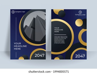 Elementos de las plantillas de presentación de cubierta azul y dorada sobre fondo azul oscuro. Uso de vectores en presentación, volante y folleto, informe corporativo, marketing, publicidad, informe anual, banner