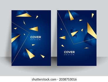 Fondo de plantilla de cubierta azul y dorada con diseño de concepto tecnológico moderno. Ilustración vectorial para el diseño de presentaciones, banner, volante, afiche con decoración futurista de rayas onduladas