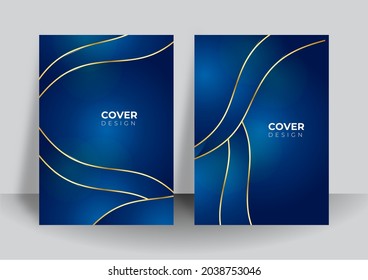 Blue and gold cover template background with modern tech concept design. Vector illustration for presentation design, banner, flier, poster with futuristic wavy stripes decoration
