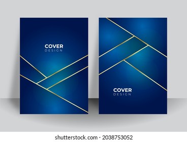 Fondo de plantilla de cubierta azul y dorada con diseño de concepto tecnológico moderno. Ilustración vectorial para el diseño de presentaciones, banner, volante, afiche con decoración futurista de rayas onduladas