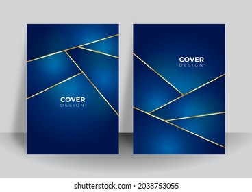 Blue and gold cover template background with modern tech concept design. Vector illustration for presentation design, banner, flier, poster with futuristic wavy stripes decoration