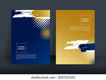Diseño de plantillas de cubierta azul y dorada para el perfil de la empresa, informe anual, folleto. Color de gradiente de fondo azul abstracto con elementos dorados