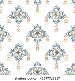Blue and gold damask seamless oriental pattern in the style of baroque. Victorian style. Traditional classic vector ornament. Turkish or Spanish tiles. Idea for wallpaper, pottery, rugs, carpet.
