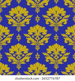 Azul ouro damasco sem costura padrão real barroco floral ornamental papel de parede fundo luxuoso decorativo design