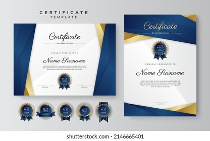 Blue and gold elegant Certificate template with modern corporate or education design concept. Diploma certificate, award recognition premium design