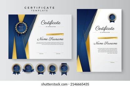 Blue and gold elegant Certificate template with modern corporate or education design concept. Diploma certificate, award recognition premium design