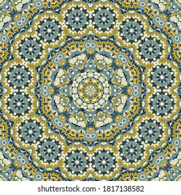 Blue gold floral geometric ottoman ethnic vector seamless pattern, muslim ornament graohic design.