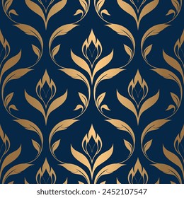 Blau und Gold florale nahtlose Muster. Abstrakte Vektorgrafik Ornament Vorlage. Paisley-Elemente. Ideal für Stoff, Einladung, Hintergrund, Bildschirmhintergrund, Dekoration, Verpackung oder jede erwünschte Idee.