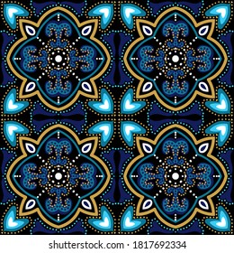 Blue and Gold Flower Muslim Ornament Vector Seamless Pattern. Geometric Portugal Tile. Dark Blue and Gold Plated Oriental Elegant Wallpaper.