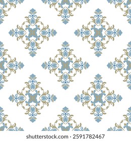 Blue and gold flower seamless pattern in the style of Baroque. Vector illustration. Idea for wallpaper, textiles, elaborate borders, and curtains