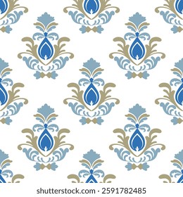 Blue and gold flower seamless pattern in the style of Baroque. Vector illustration. Idea for wallpaper, textiles, elaborate borders, and curtains