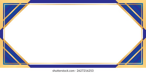 Blue and gold frame design with abstract blue ribbon element on a blank background