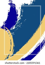 Blue gold frame with paint brush strokes background.  Advert design template for card. Vector border rectangular frame with colorful painted ink brushstrokes watercolor texture.