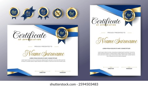 Blue Gold Geometric Certificate design template with premium badges collection. vector