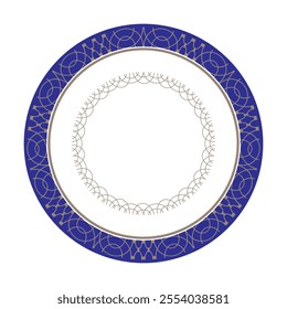 Blue in Gold Geometric Modern Round Frame Plate in Arabic, Muslim, Oriental Style. Blue and Gold Pattern frame for Design Porcelain, round surfaces, Ceramic, textile, Embroidery. Mashrabiya EPS