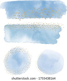 Blue with gold glitter confetti watercolor brush stroke texture.