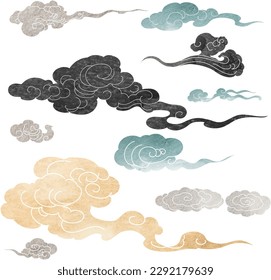 Blue, gold, grey and blackbrush stroke texture with Japanese chinses cloud pattern in vintage style. Abstract art landscape banner design with watercolor texture vector.