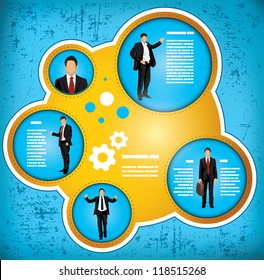 Blue and gold grunge effect workflow chart depicting a businessman in various roles, with space for insertion of your own text