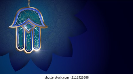 Blue gold Hamsa (Hand of Fatima) on a chain against a blue pattern, an oriental evil eye amulet