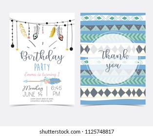 Blue gold hand drawn cute card with feather and arrow